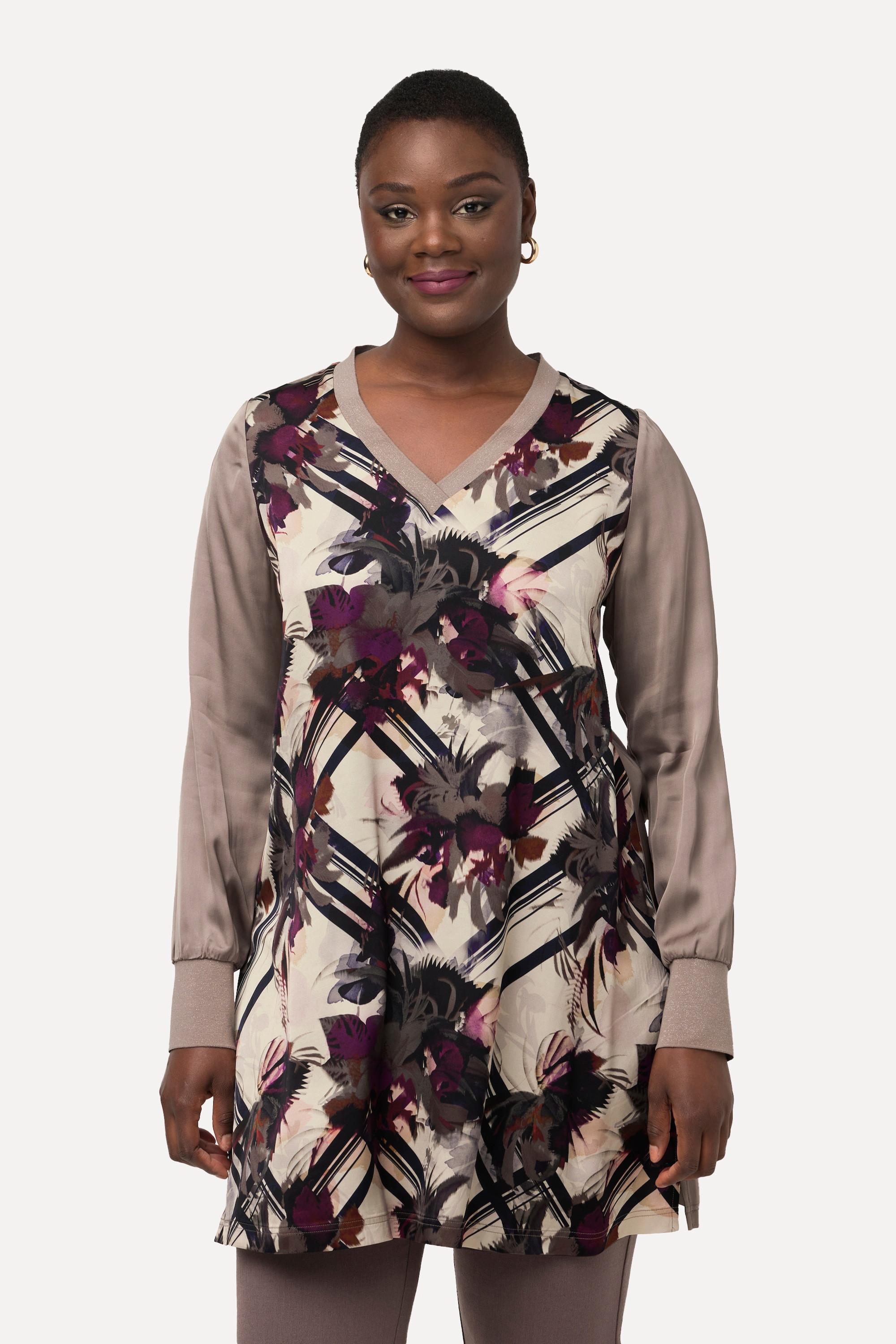 Ulla Popken Tunique longue en satin ligne A col V manches longues  