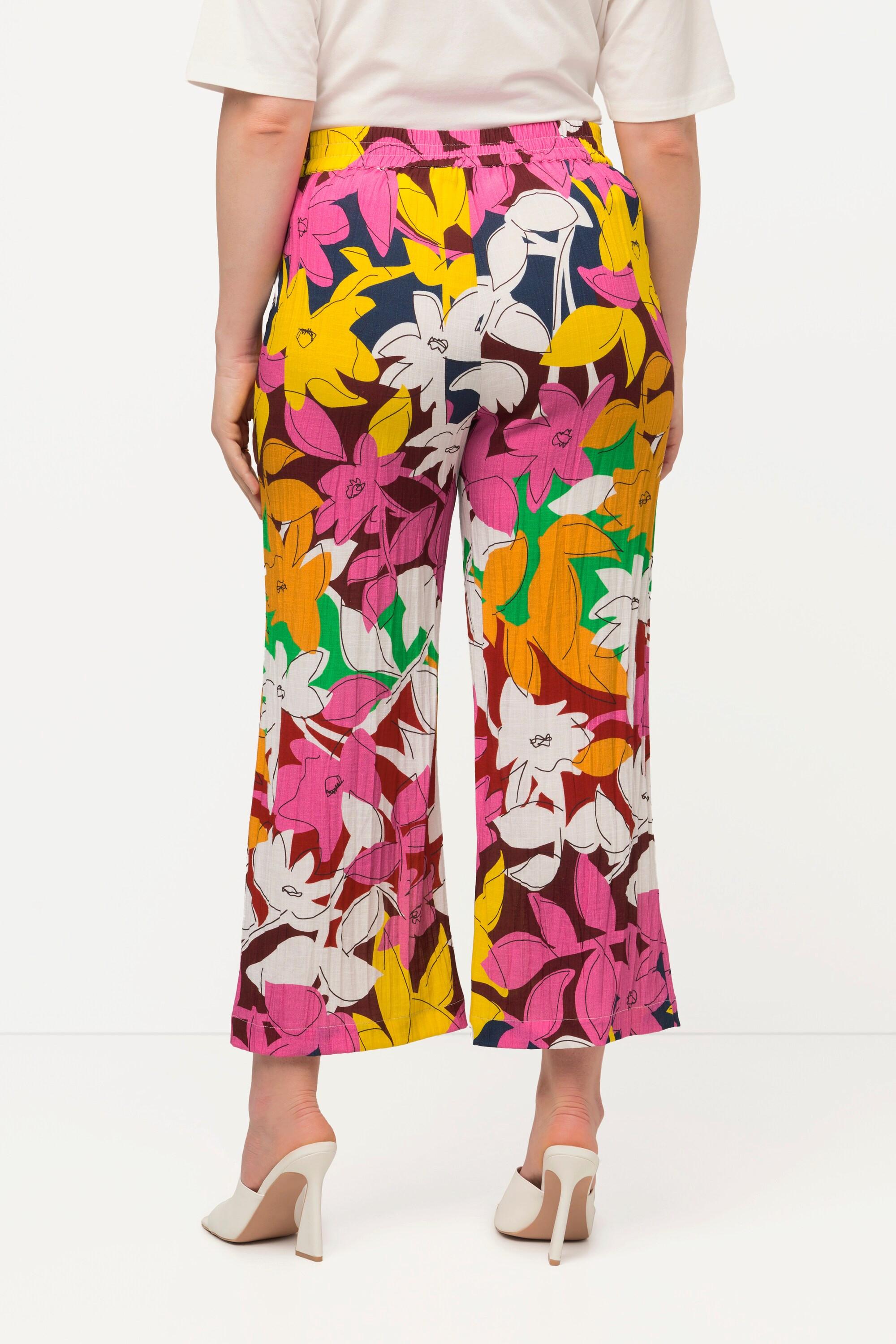 Ulla Popken  Pantaloni a 7/8 con effetto lino, fiori, taglio della gamba ampio e cintura comoda 