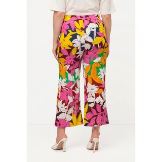 Ulla Popken  Pantaloni a 7/8 con effetto lino, fiori, taglio della gamba ampio e cintura comoda 