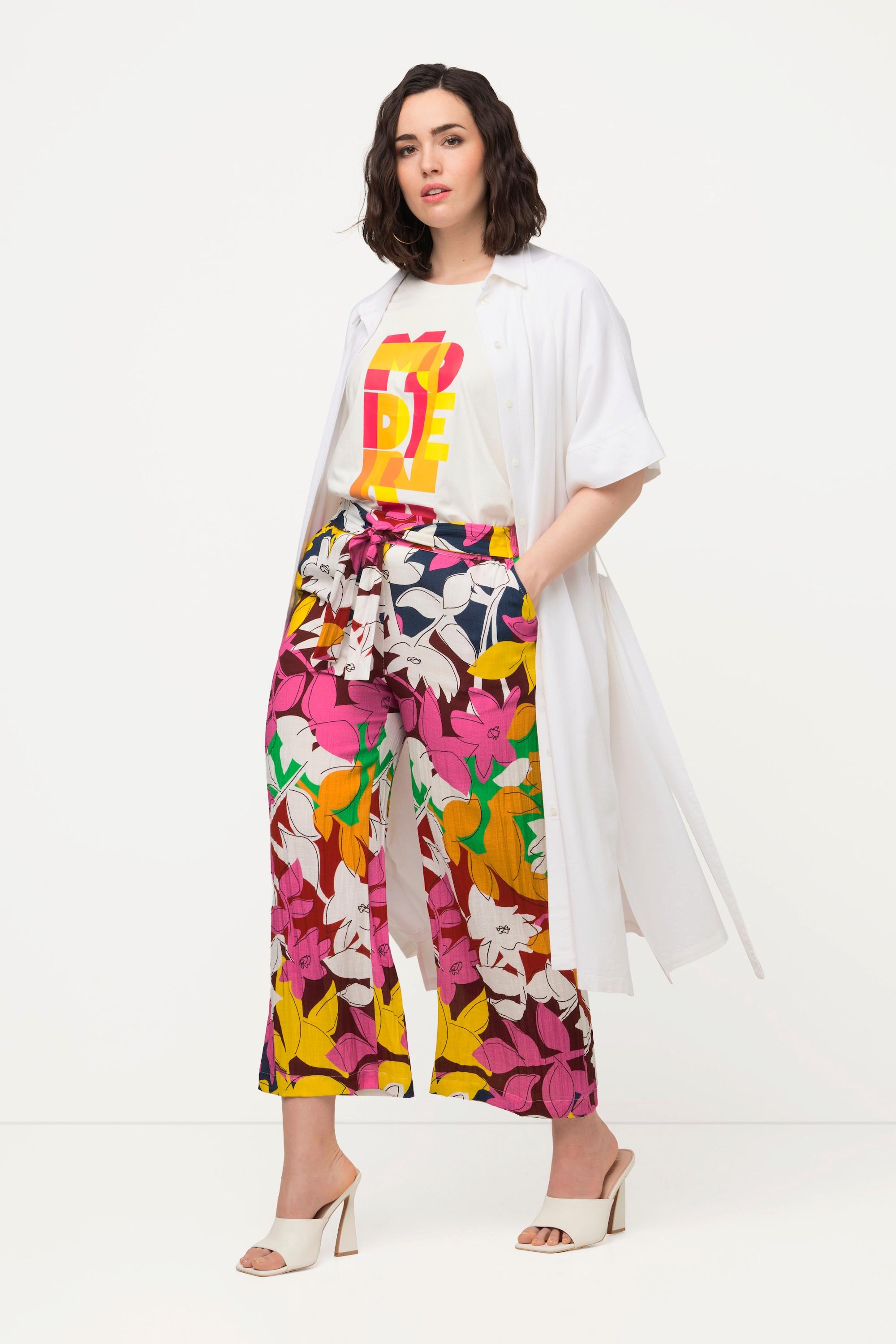 Ulla Popken  Pantaloni a 7/8 con effetto lino, fiori, taglio della gamba ampio e cintura comoda 