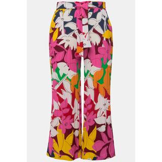 Ulla Popken  Pantaloni a 7/8 con effetto lino, fiori, taglio della gamba ampio e cintura comoda 