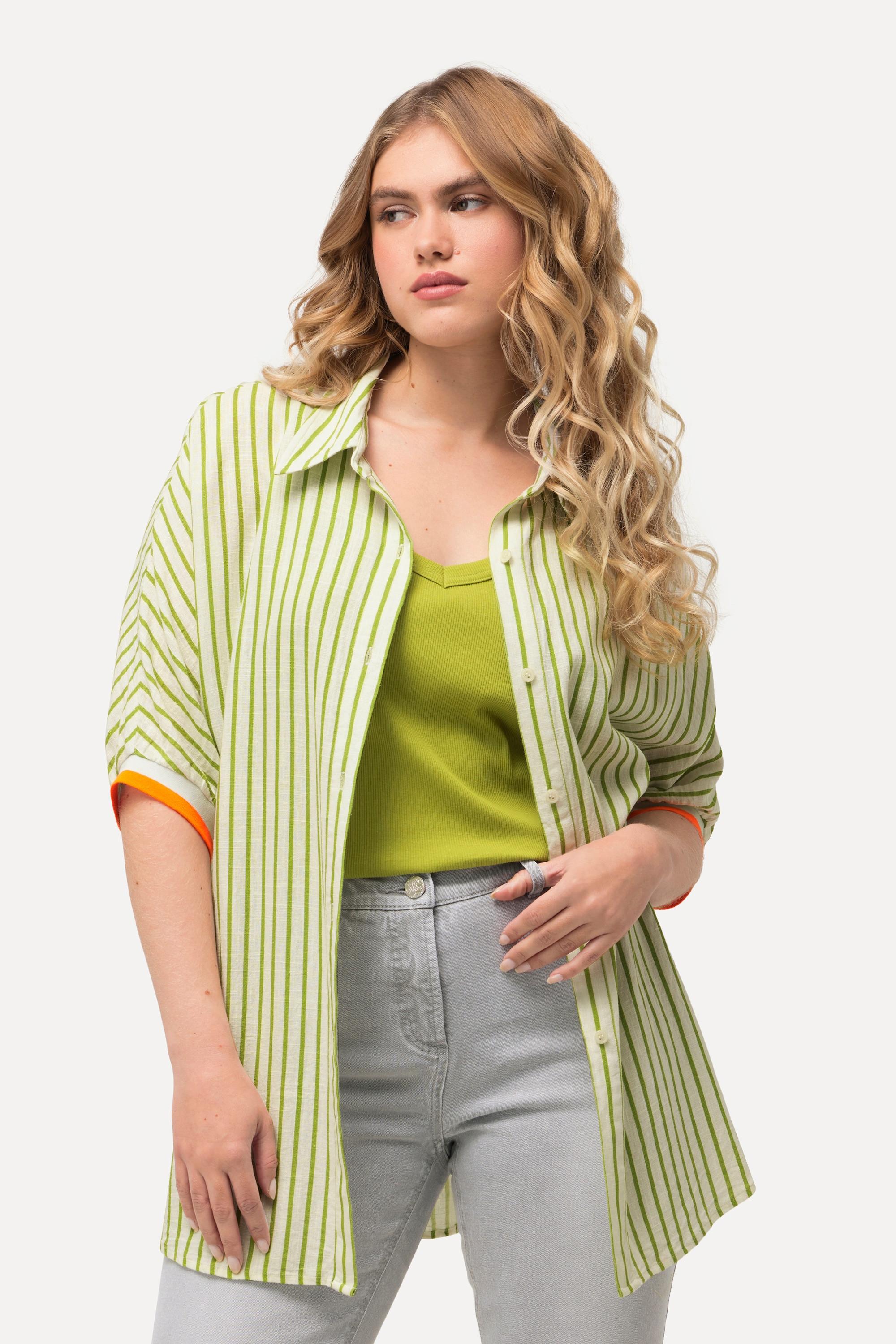 Ulla Popken Chemisier Oversize Lin Mélangé Manches Courtes Rayé  