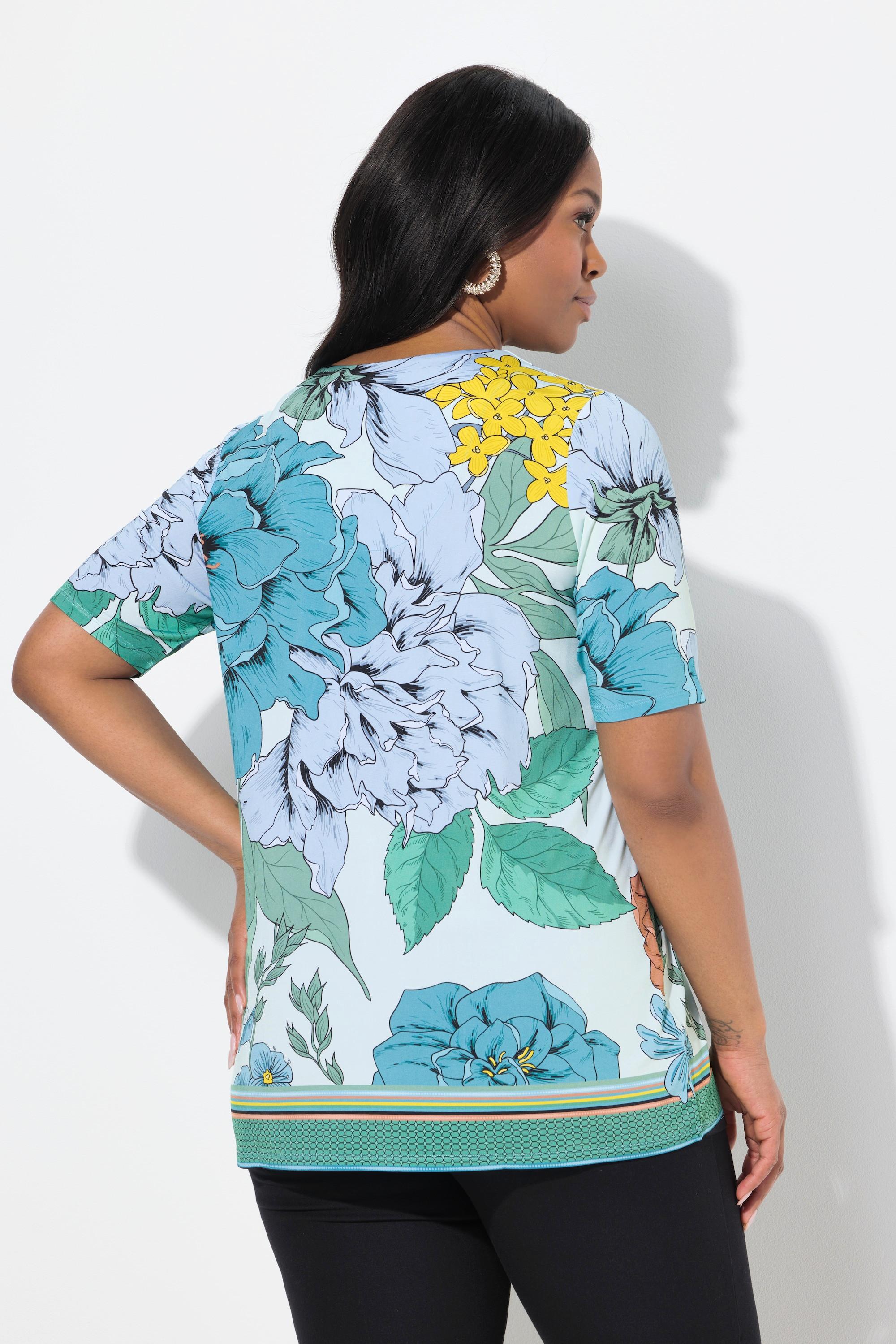 Ulla Popken Maglia Floreale Taglio Svasato Scollo a V Mezze Maniche Slinky  