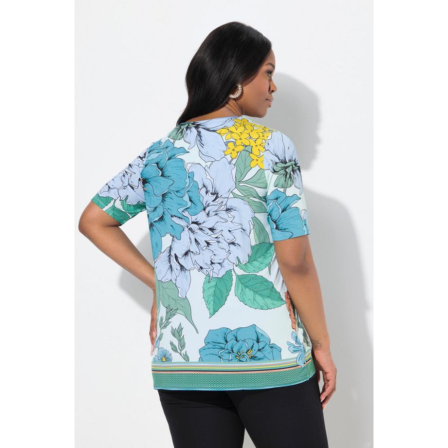 Ulla Popken Blüten A-Linie V-Ausschnitt Halbarm Slinky Shirt  