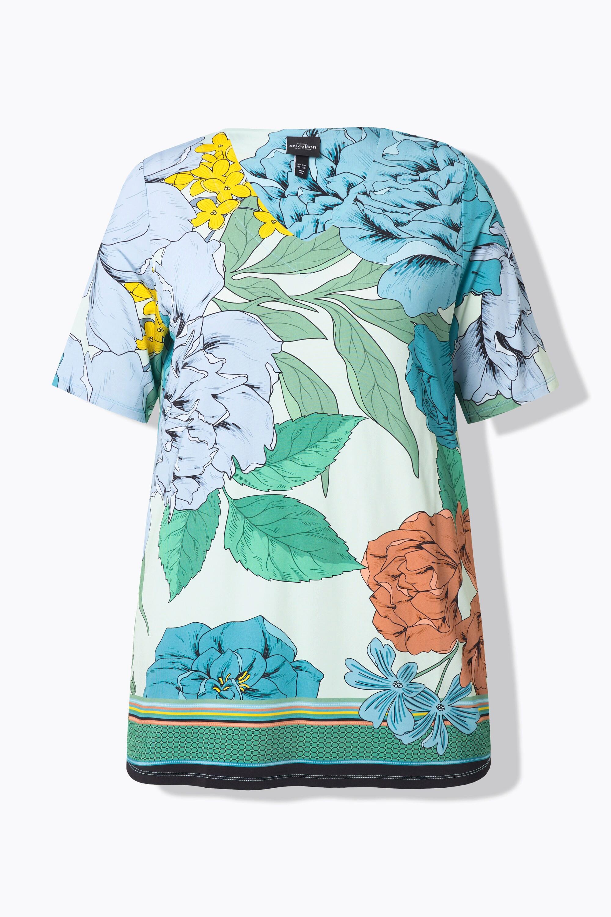 Ulla Popken Maglia Floreale Taglio Svasato Scollo a V Mezze Maniche Slinky  