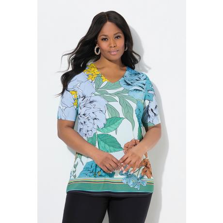 Ulla Popken Maglia Floreale Taglio Svasato Scollo a V Mezze Maniche Slinky  