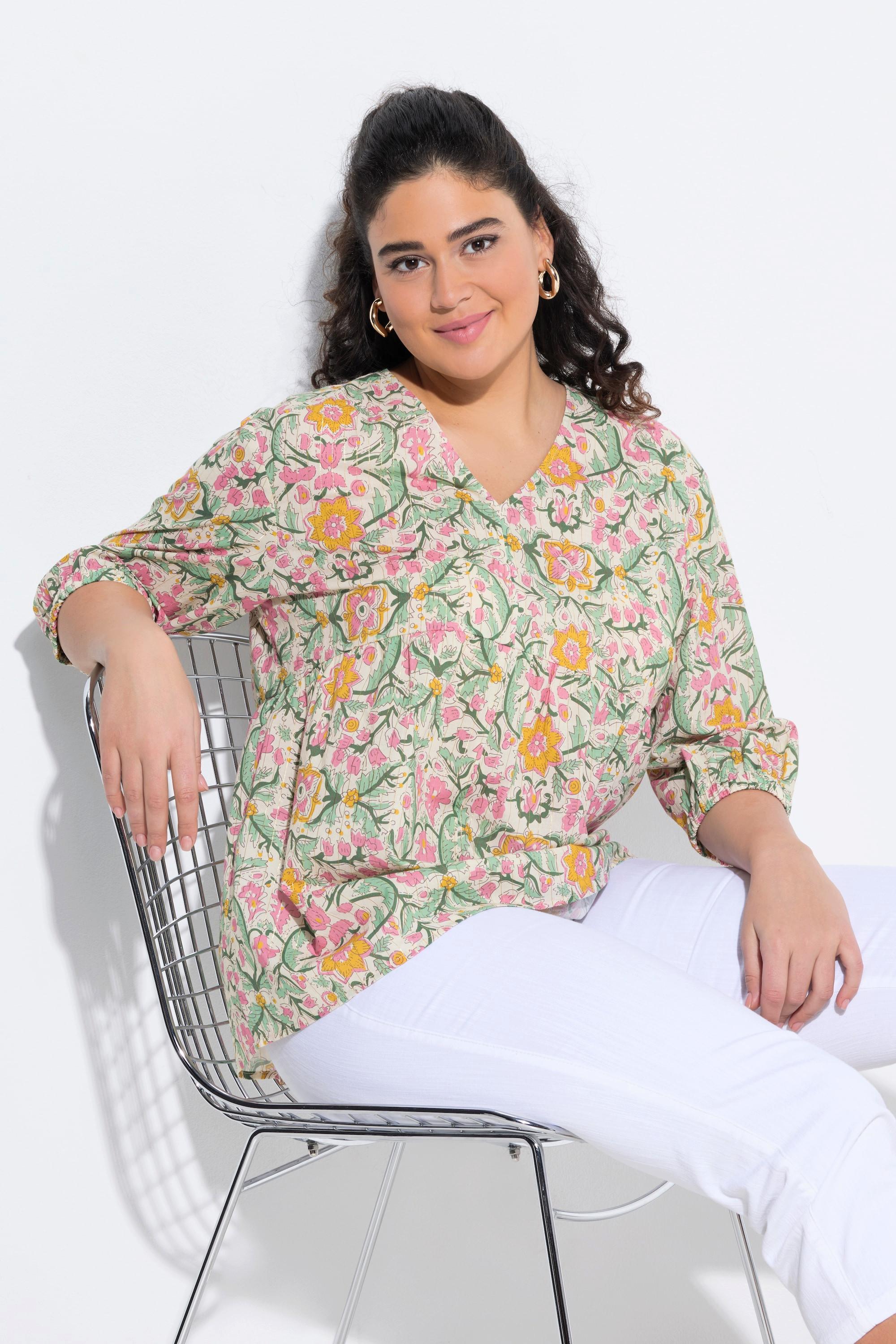 Ulla Popken Bluse Blüten A-Linie V-Ausschnitt 3/4-Arm  