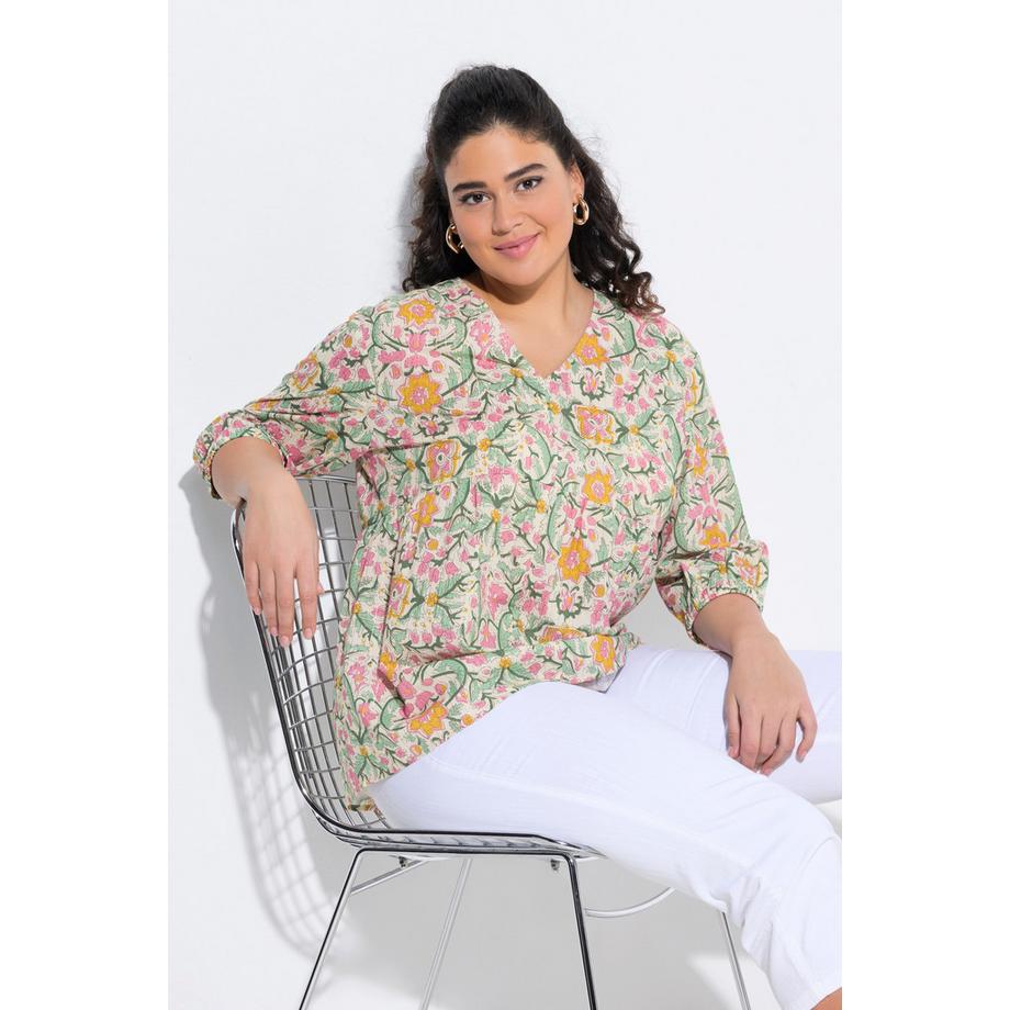 Ulla Popken Chemisier Motif Floral Coupe Évasée Manches 3/4  