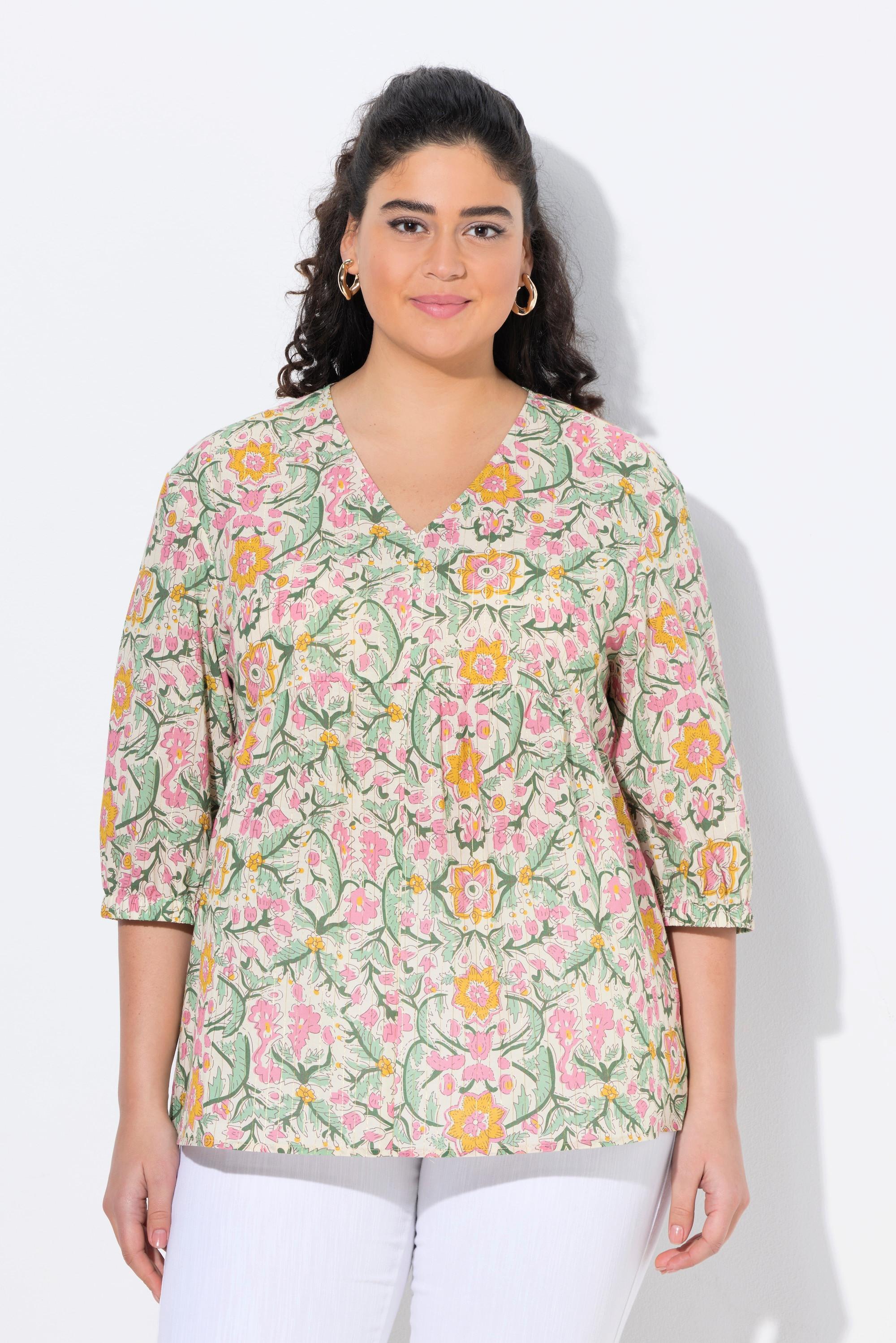 Ulla Popken Bluse Blüten A-Linie V-Ausschnitt 3/4-Arm  