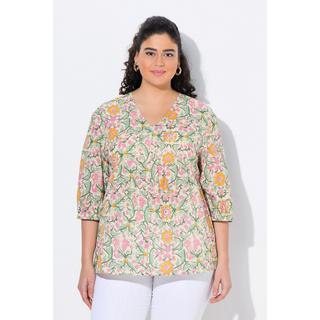 Ulla Popken Bluse Blüten A-Linie V-Ausschnitt 3/4-Arm  