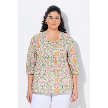 Blusa dal taglio svasato con fiori, scollo a V e maniche a 3/4