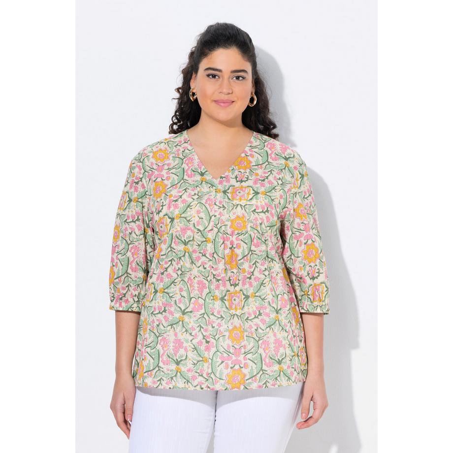 Ulla Popken Chemisier Motif Floral Coupe Évasée Manches 3/4  