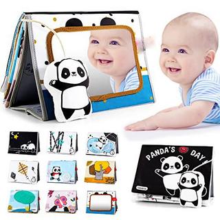 Activity-board  Livres en tissu pour bébé avec miroir, panda à contraste élevé en noir et blanc 