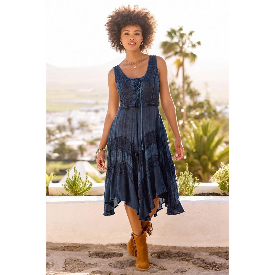 Knielanges Jacquard-Kleid mit Stickerei und Zipfelsaum