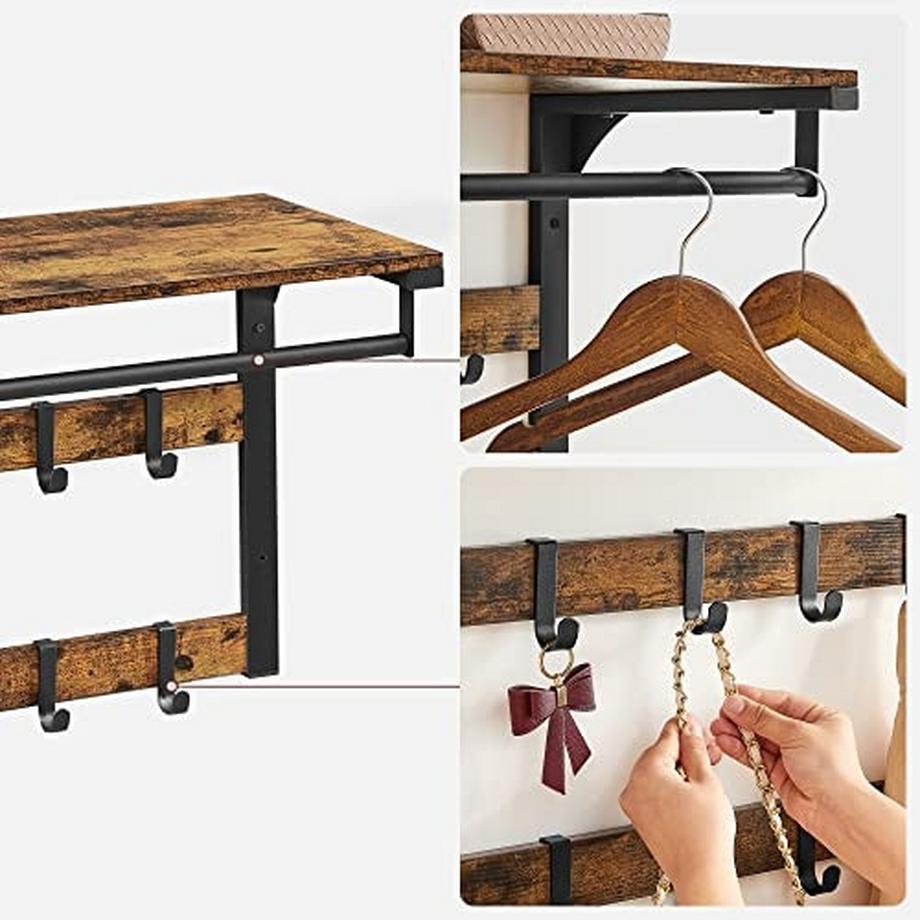 Pricenet Appendiabiti da parete 3 in 1 con ripiano, ganci e asta appendiabiti  