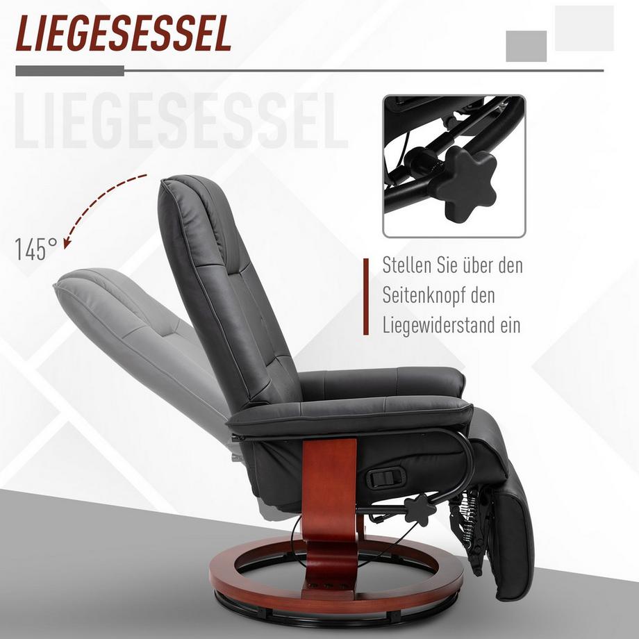 Northio Relaxsessel Fernsehsessel Liegesessel Mit Fußstütze Aus Kunstleder 360° Drehstuhl Holzfuß Schwarz 145° Neigbar 78 X 87 X 100 Cm  