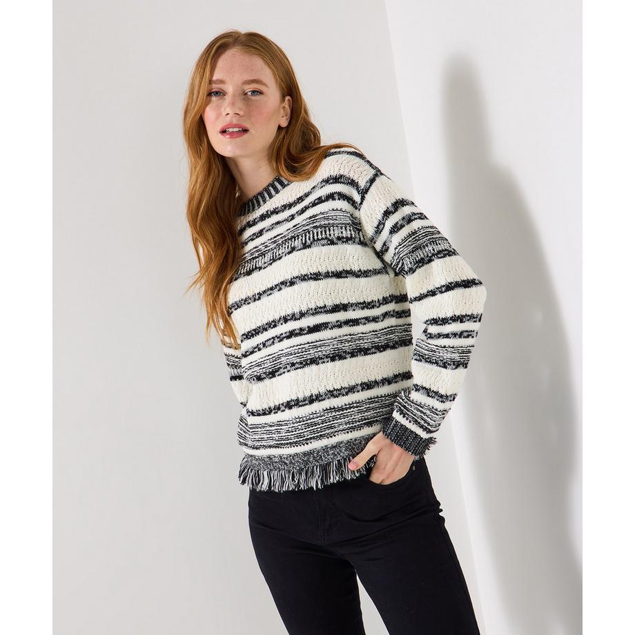 Joe Browns Schwarz Cremefarbener Streifenpullover mit Fransen  