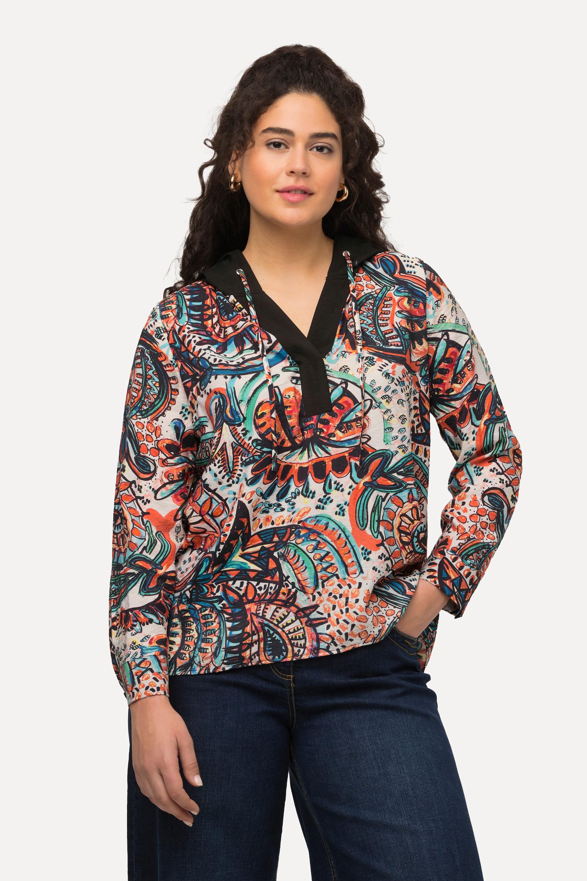 Ulla Popken  Kapuzen-Bluse, Paisley, A-Linie, V-Ausschnitt, Langarm 