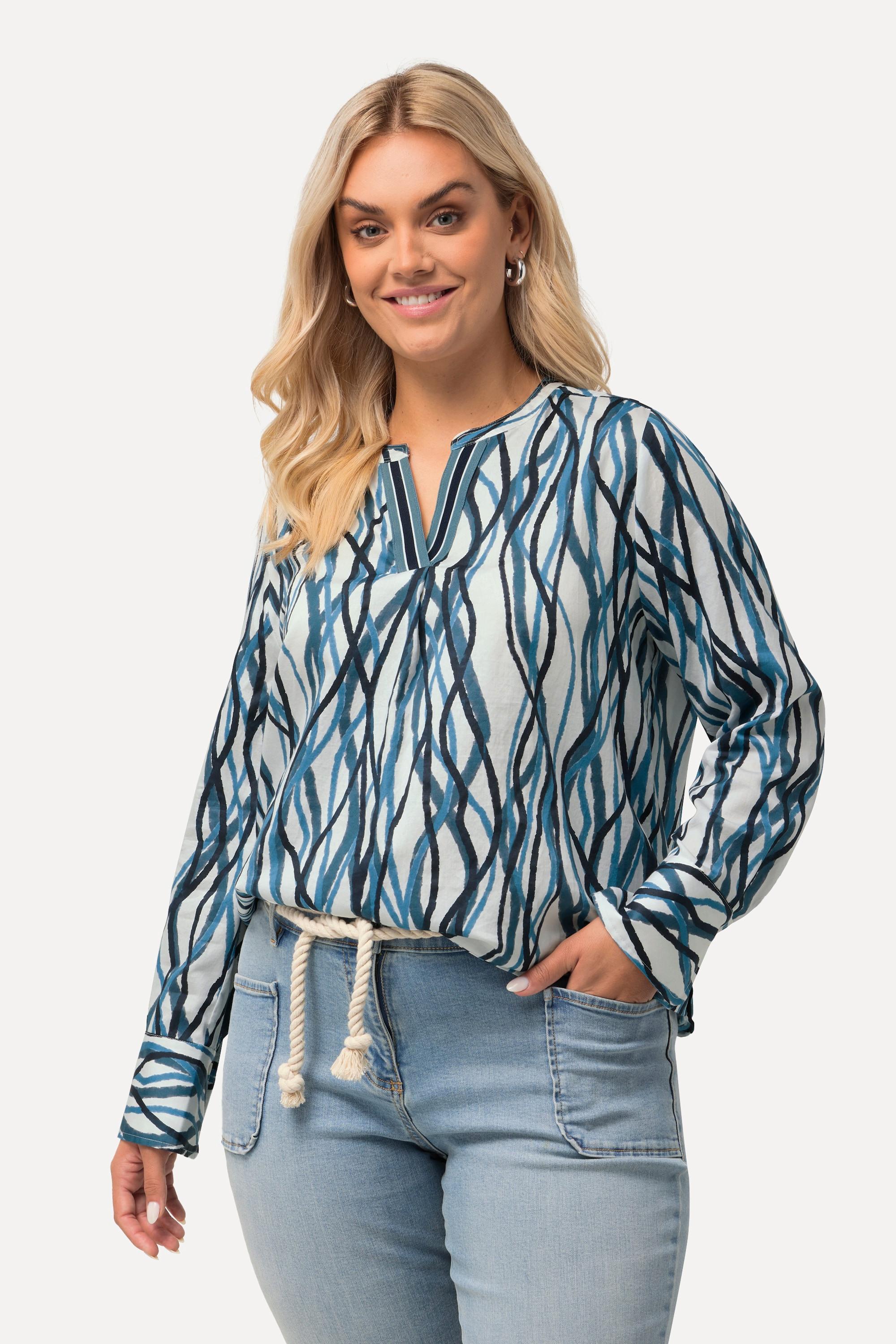 Ulla Popken  Blouse, rayures, ,col montant, col V, manches longues 