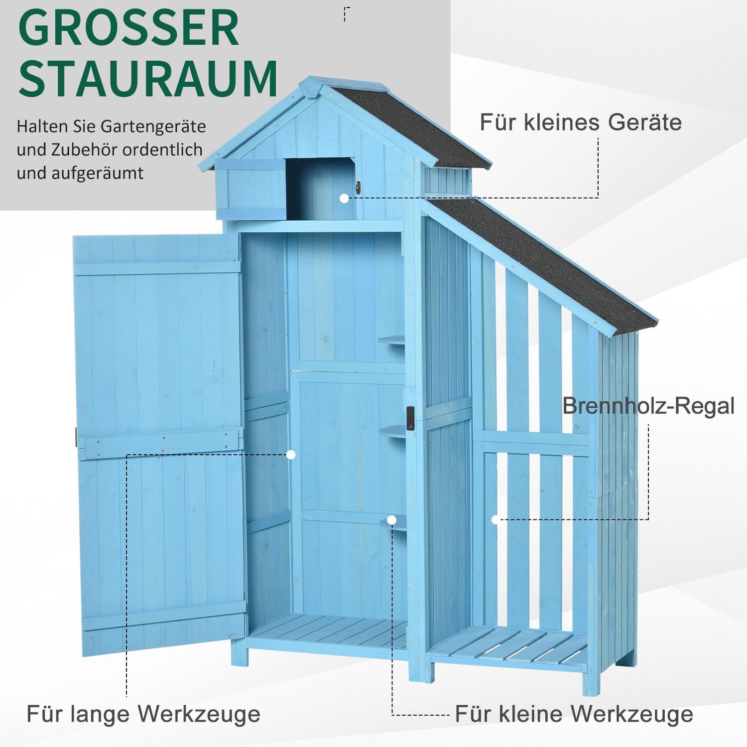 Northio Casetta da giardino rimessa per attrezzi con deposito legna da ardere 3 ripiani tetto in asfalto legno di abete blu cielo 130x54,5x180 cm per giardino e terrazza  