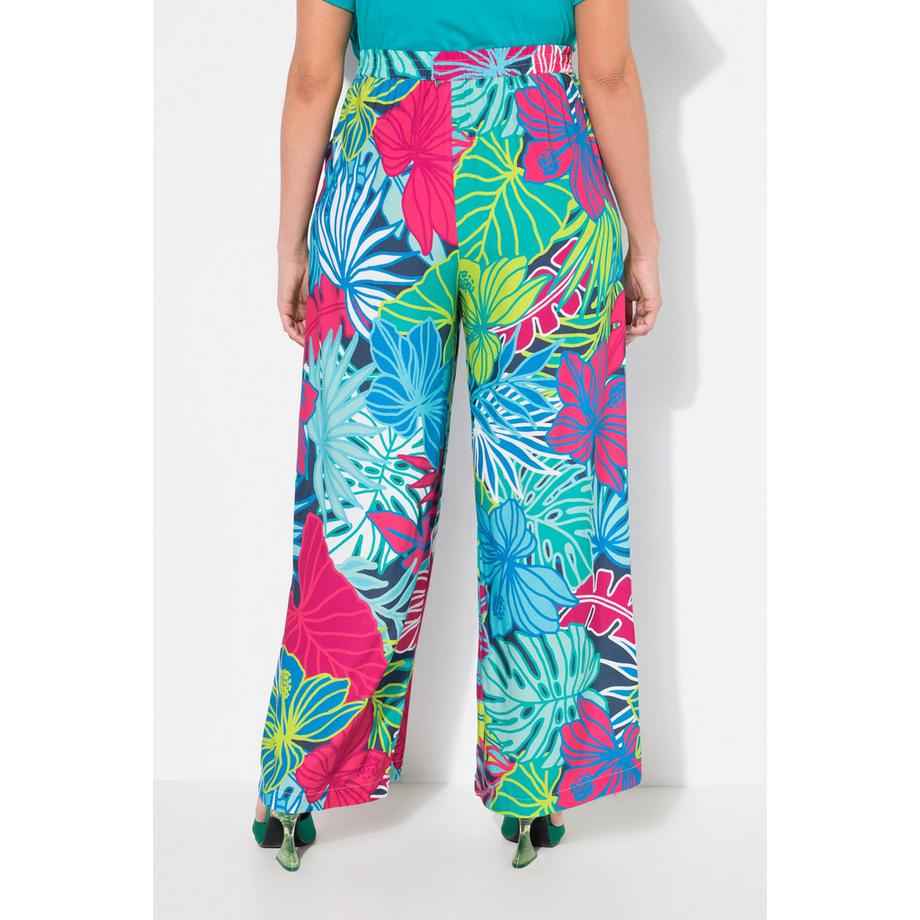 Ulla Popken Pantaloni Stampa Foglie Gamba Larga Dritta Vita Elastica  