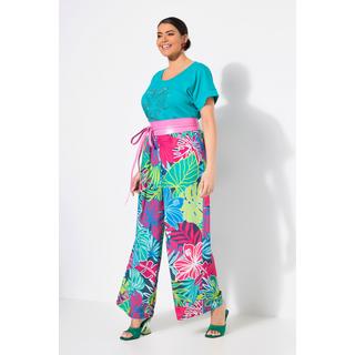 Ulla Popken Pantalon Imprimé Feuilles Jambe Large Taille Élastique  