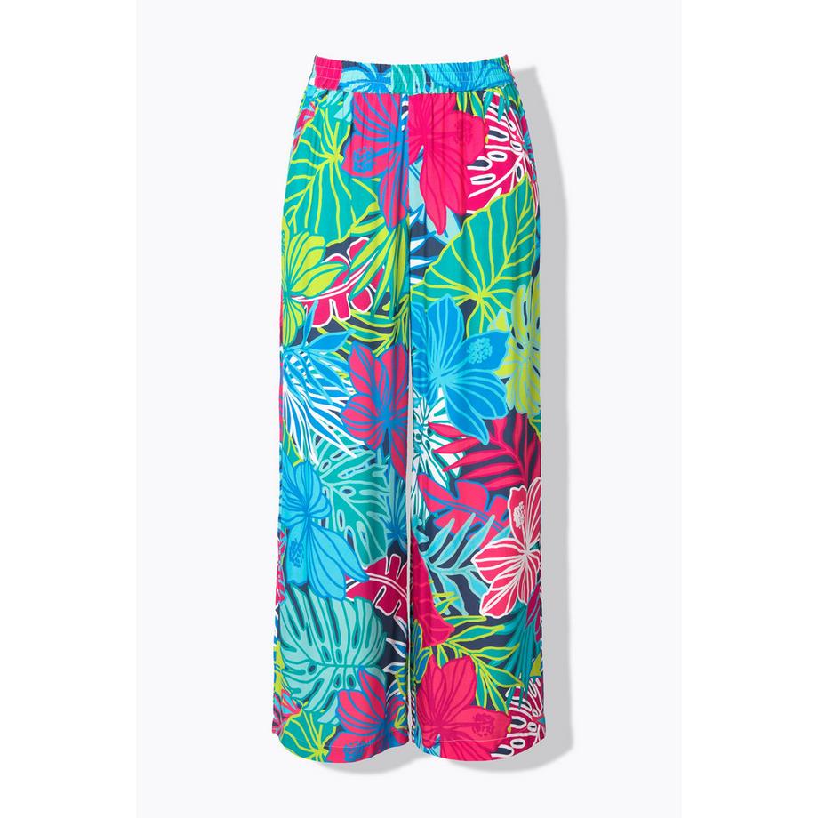 Ulla Popken Pantaloni Stampa Foglie Gamba Larga Dritta Vita Elastica  