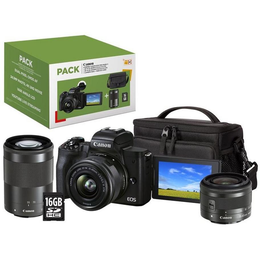 Canon  Fnac Hybrid  EOS M50 Mark II Black Pack + EF-M 15â€“45 mm f/3.5â€“6.3 IS STM Objektiv + EF-M 55â€“200 mm f/4.5â€“6.3 IS STM schwarzes Objektiv + Tasche + 16 GB SD-Karte 