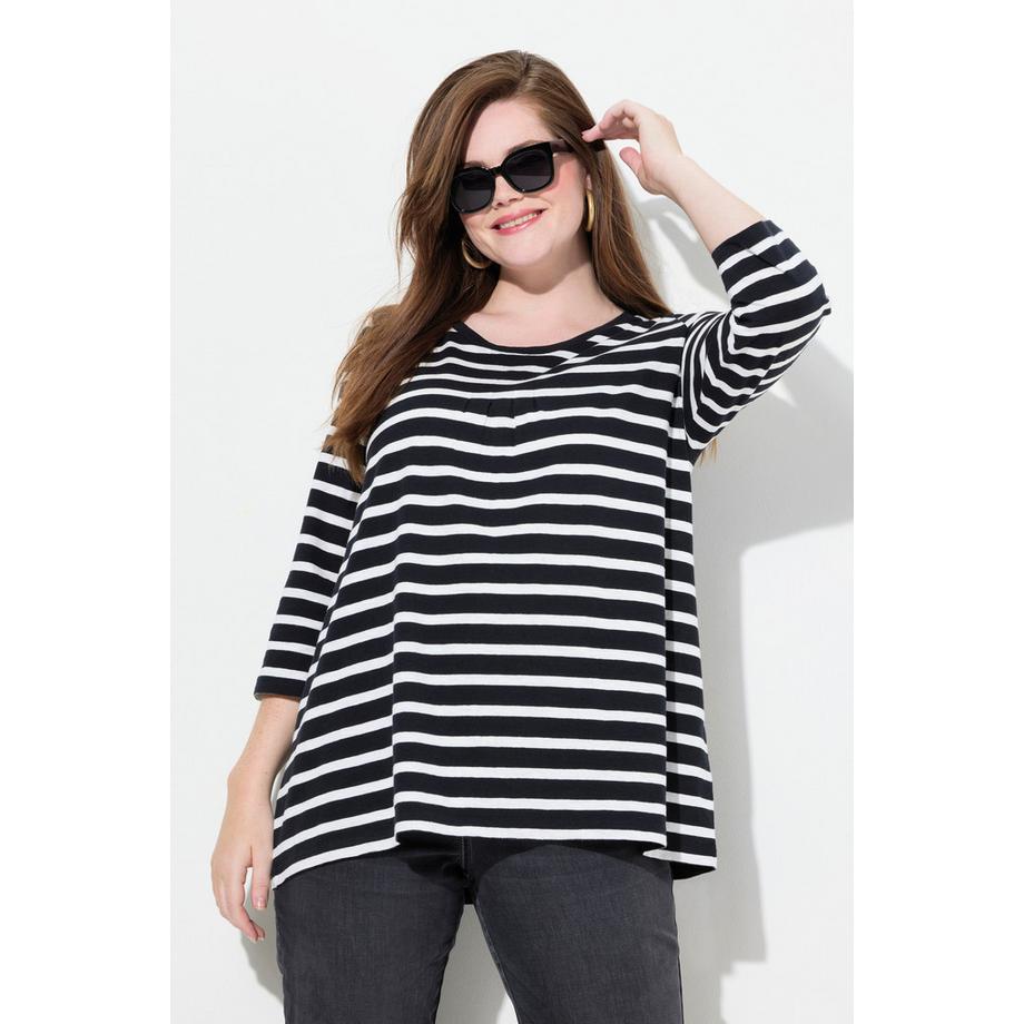 Ulla Popken T-shirt Rayé Coupe Évasée Col Rond Manches 3/4 avec Plis Fantaisie  