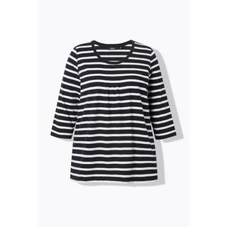 Ulla Popken  T-shirt rayé avec plis fantaisie, col rond et manches 3/4, coupe évasée 