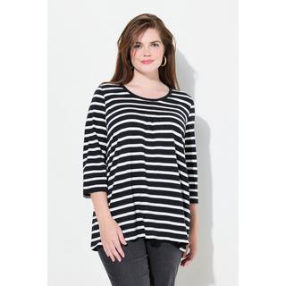 Ulla Popken  T-shirt rayé avec plis fantaisie, col rond et manches 3/4, coupe évasée 