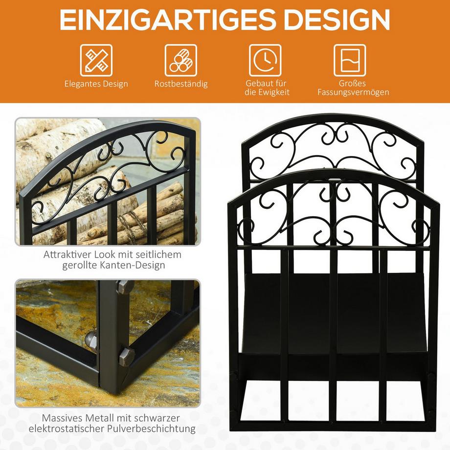 Northio  Kaminholzregal Kaminholzständer Brennholzregal 60 Kg Belastbar Feuerholzablage Kaminwerkzeug Metall Schwarz 60,5 X 36 X 46,5 Cm 
