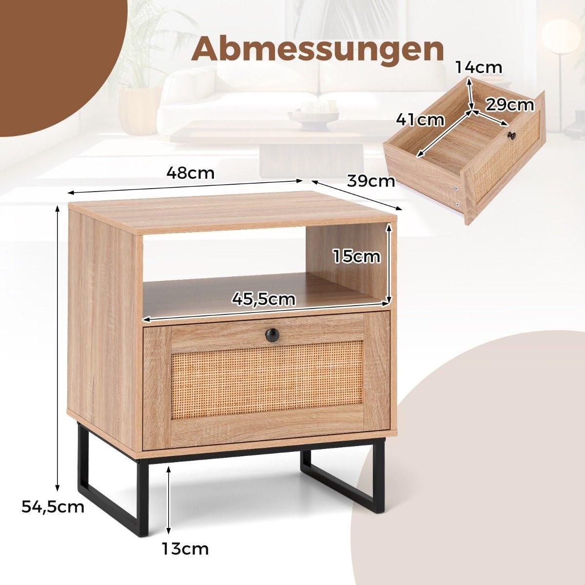 Northix Table de chevet en rotin de style médiéval avec tiroir et compartiment ouvert, table d'appoint  