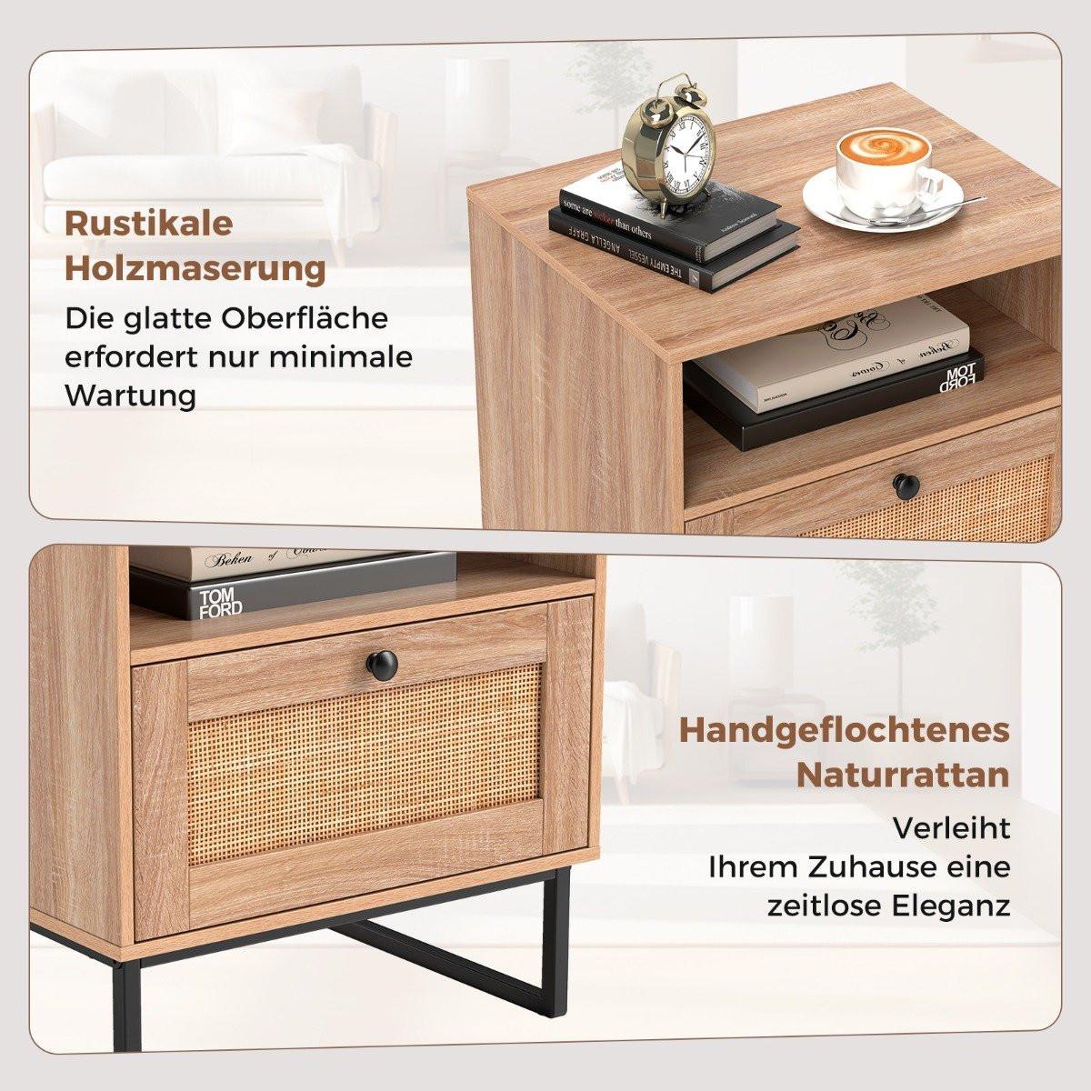 Northix Table de chevet en rotin de style médiéval avec tiroir et compartiment ouvert, table d'appoint  