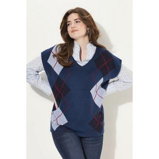 Ulla Popken Pull sans manches col en V motif Argyle avec fentes latérales  