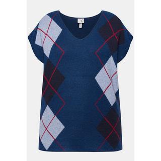 Ulla Popken Pull sans manches col en V motif Argyle avec fentes latérales  