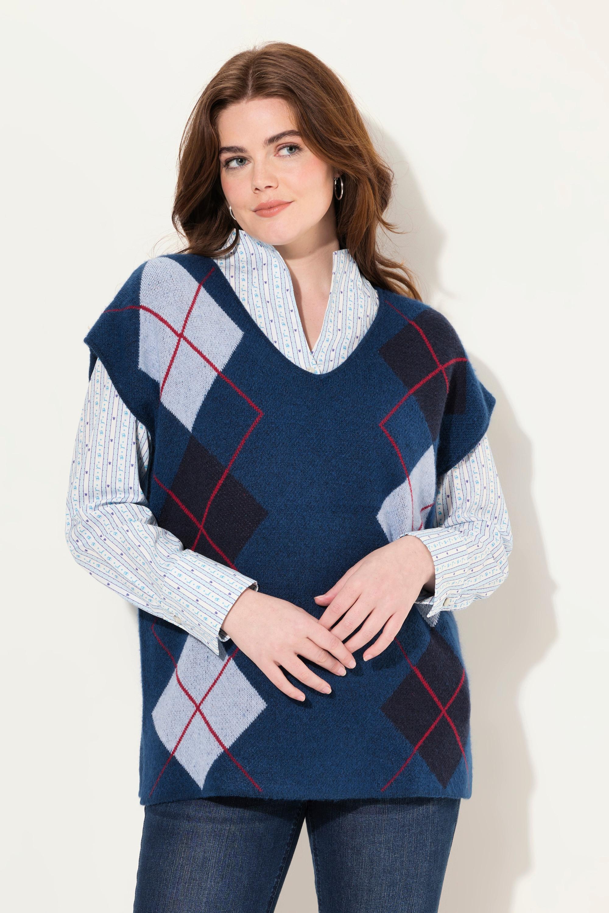 Ulla Popken Pull sans manches col en V motif Argyle avec fentes latérales  