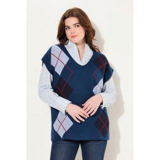 Ulla Popken Pull sans manches col en V motif Argyle avec fentes latérales  