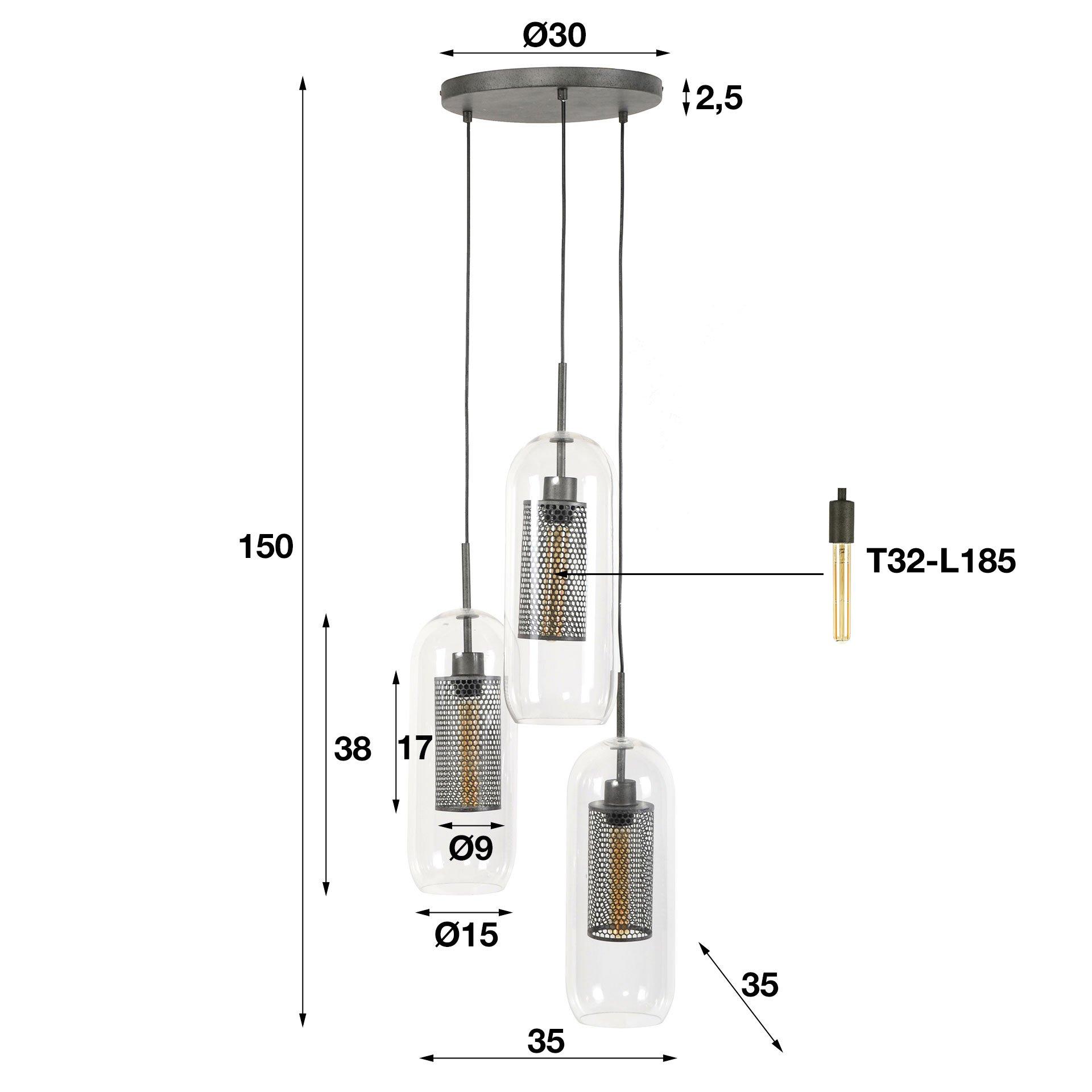 mutoni Hängeleuchte 3x 15x15 Stufenzylinderglas Alt Silber Finish  