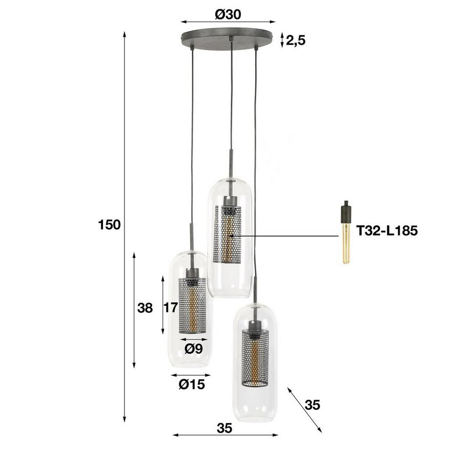 mutoni Lampe suspendue 3x 15x15 étape cylindre verre finition argent vieilli  