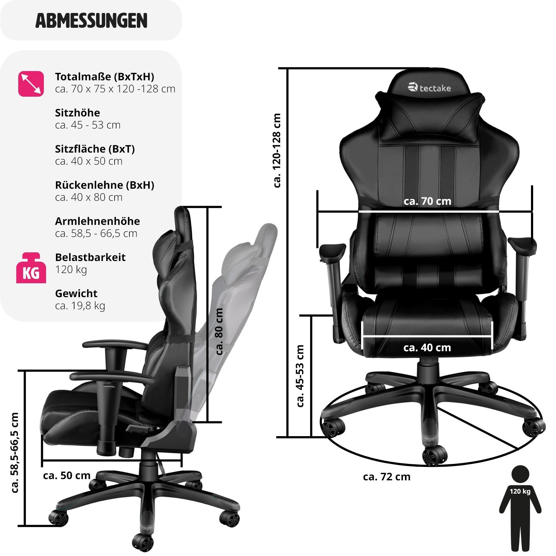 Tectake Chaise gamer avec coussin de tête et lombaires  