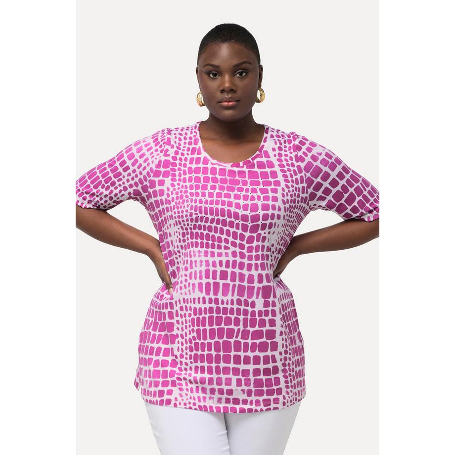 Ulla Popken Pima Cotton Rundhals Halbarm T-Shirt mit Ziersteinen  