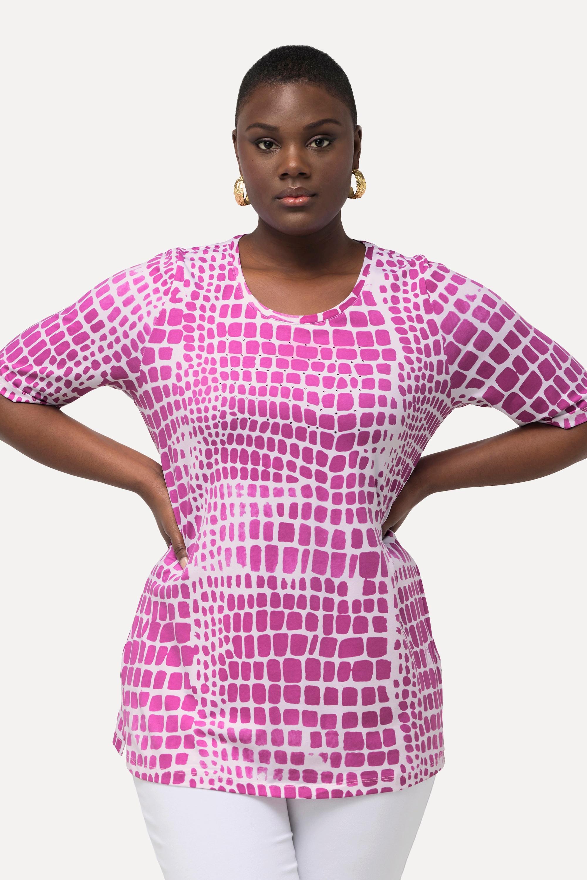 Ulla Popken T-Shirt Cotone Pima Girocollo Mezza Manica con Applicazioni  