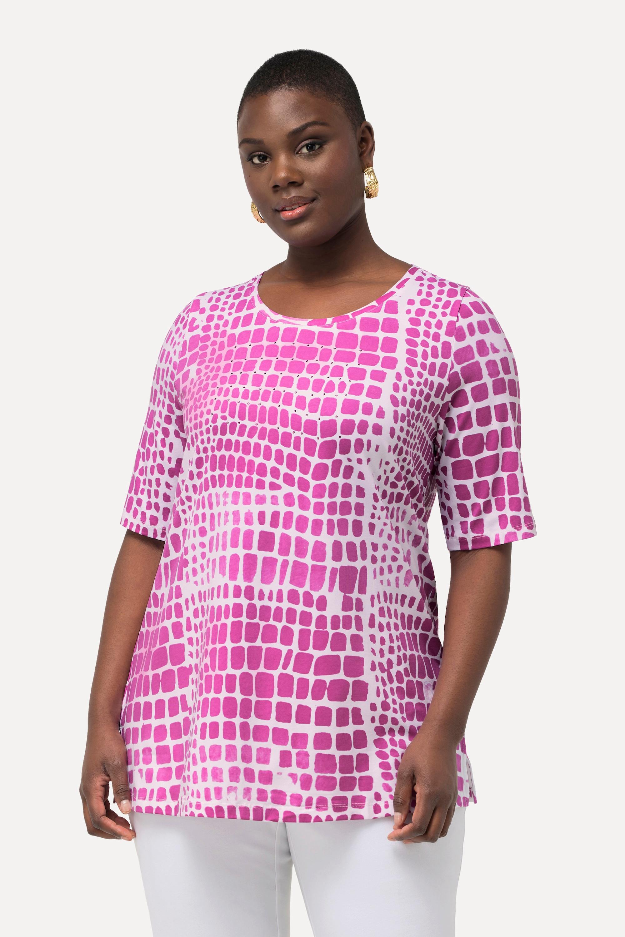 Ulla Popken T-Shirt Cotone Pima Girocollo Mezza Manica con Applicazioni  