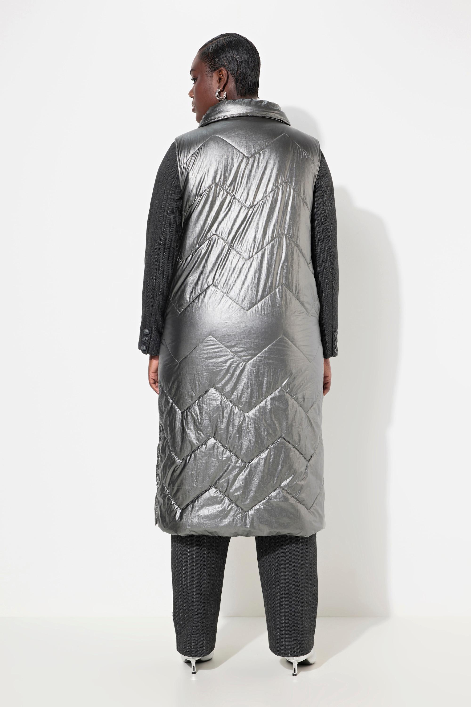 Ulla Popken Long Steppweste Silberoptik Stehkragen Ärmellos  