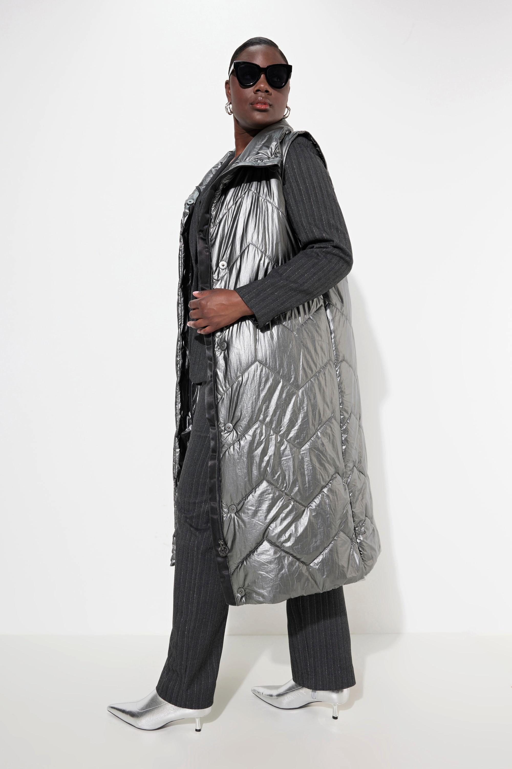 Ulla Popken Long Steppweste Silberoptik Stehkragen Ärmellos  