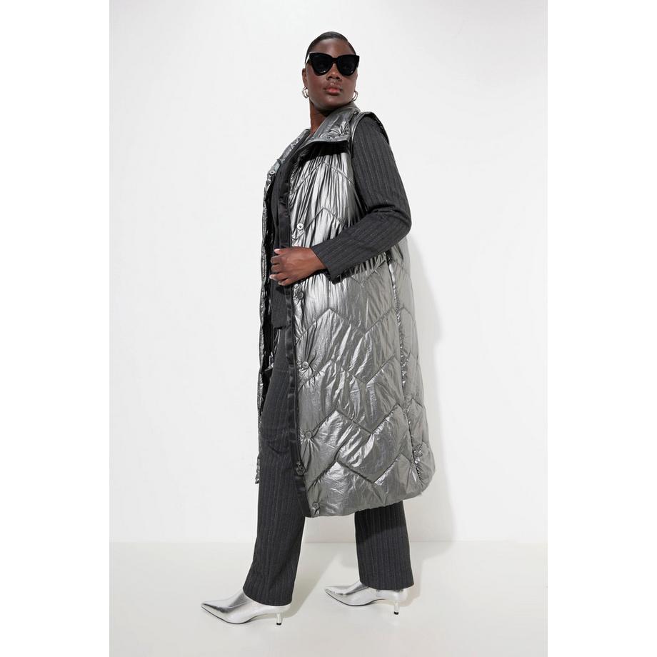Ulla Popken Long Gilet Matelassé Aspect Argenté Col Montant Sans Manches  