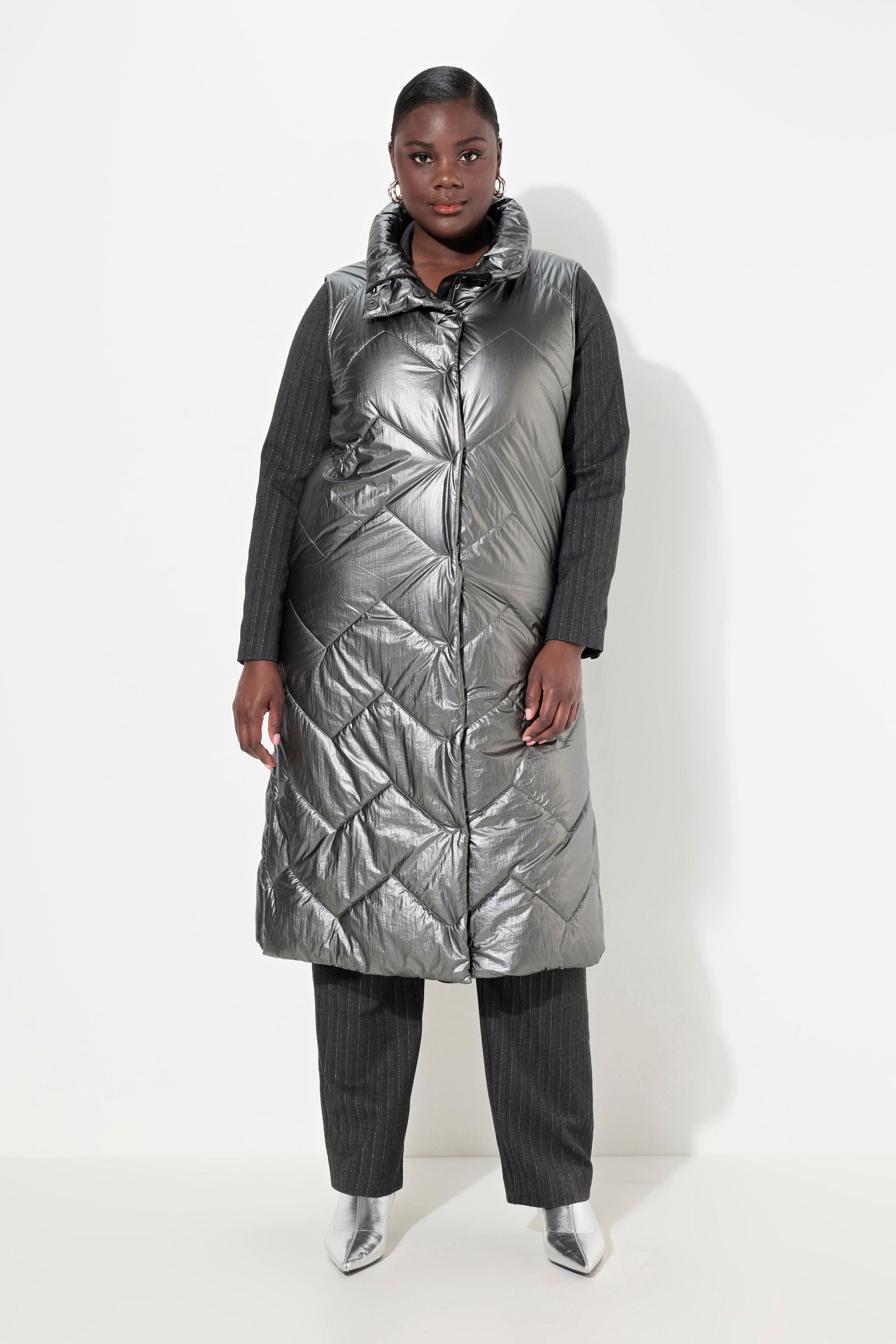 Ulla Popken Long Steppweste Silberoptik Stehkragen Ärmellos  