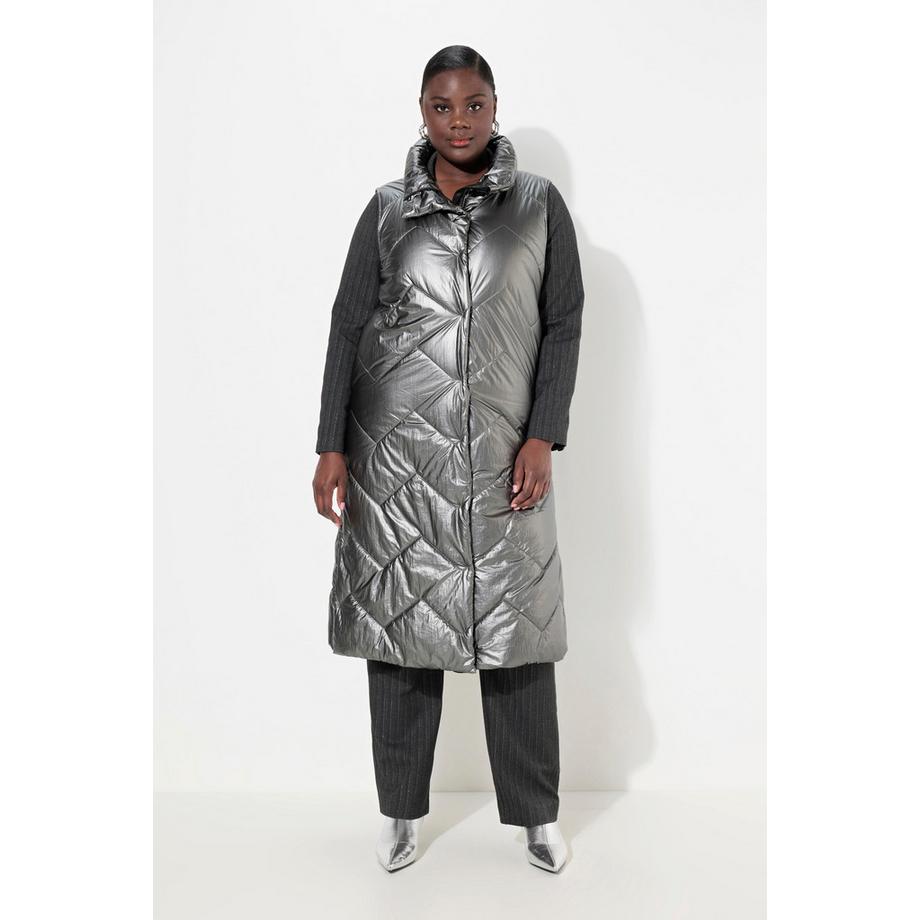 Ulla Popken Long Gilet Matelassé Aspect Argenté Col Montant Sans Manches  