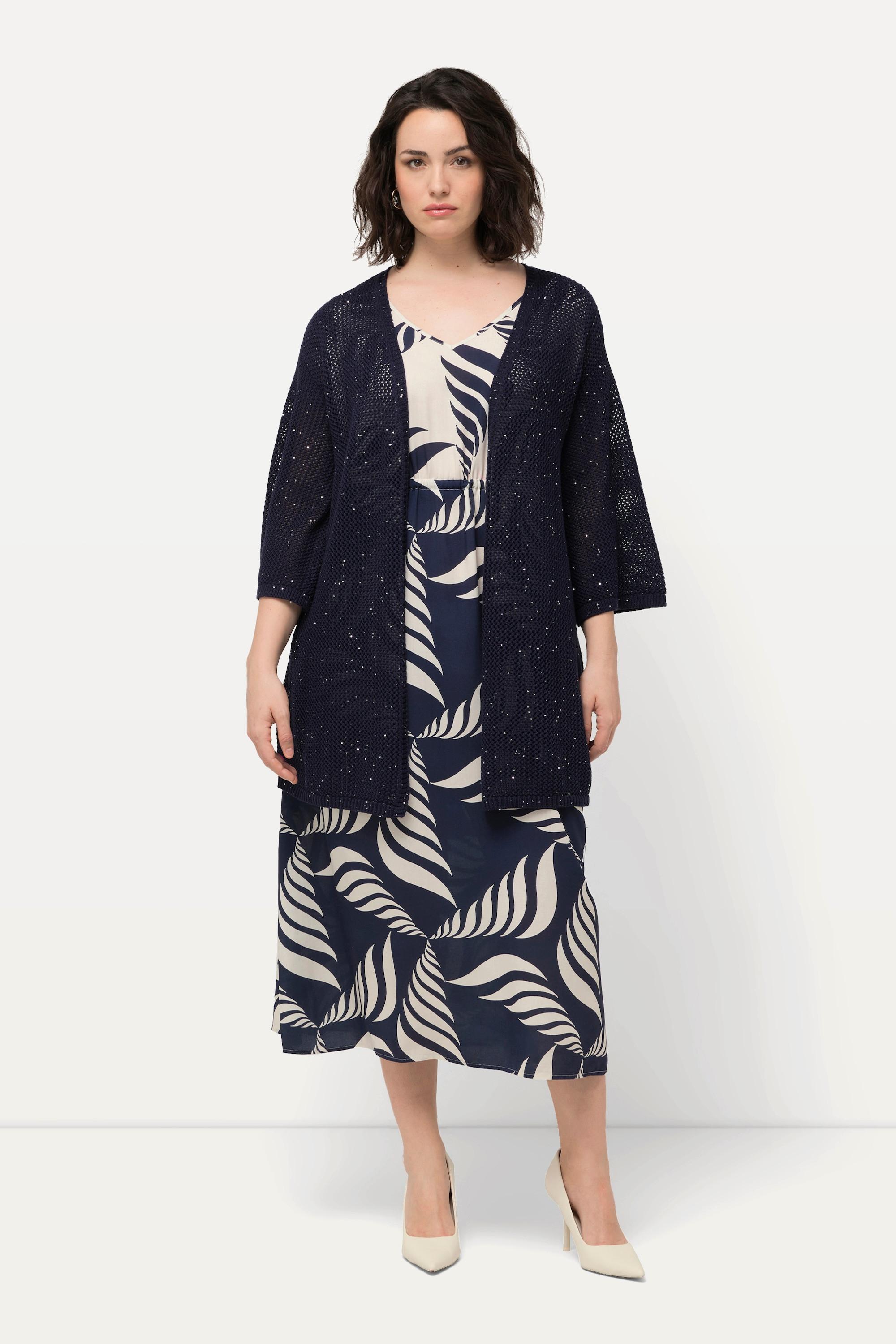 Ulla Popken Cardigan Strutturato Linea A Scollo V Maniche 3/4  